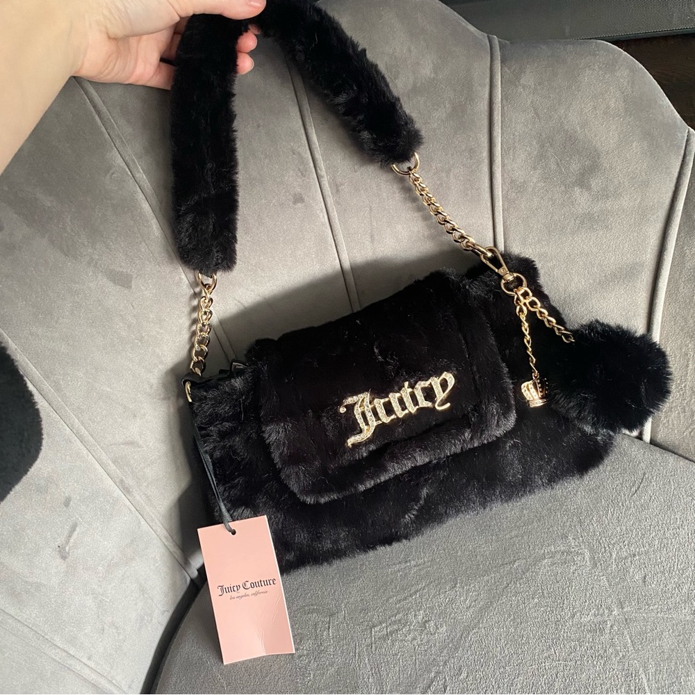 NWT Juicy Couture black fuzzy shoulder bag